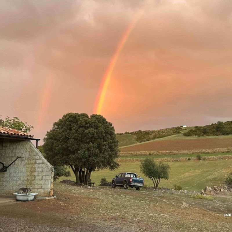 Cielo con arcoíris y paisaje
